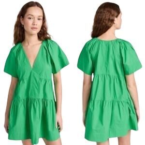 NEW A.L.C. Camila Cotton Pleated Ruffled Short Sleeve Mini Dress Green Size: 4